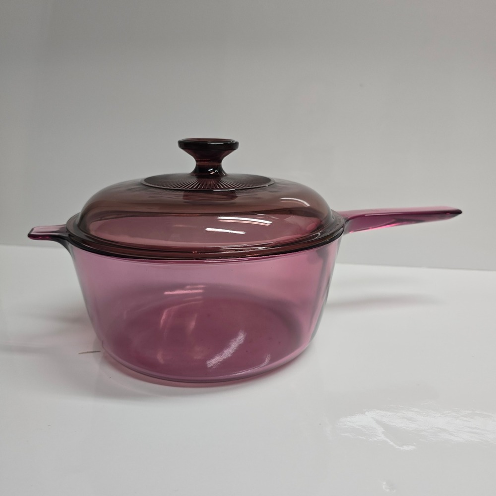 Visions by Corning Cranberry Glass 2.5L Saucepan with Lid Vintage MCM Purple